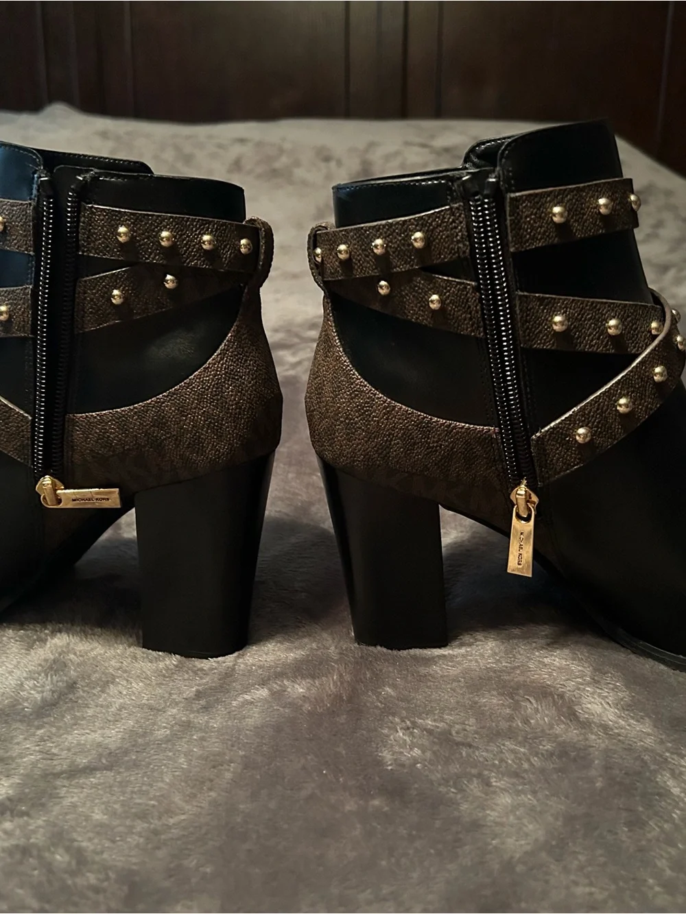 Michael Kors Black Leather Ankle Booties with MK Studded Straps